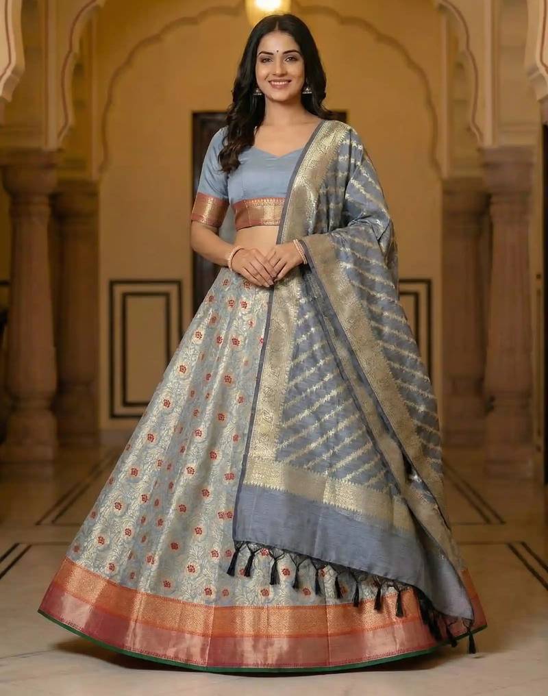 Pure Silk Unstitched Banarasi Lehanga Set in Grey Colour with Blouse