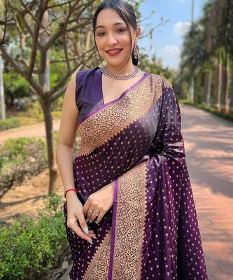 Purple woven self design banarasi katan silk blend banarasi saree with blouse 2