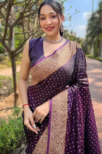 Purple woven self design banarasi katan silk banarasi saree with blouse