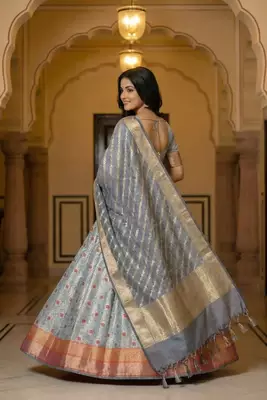 Pure Silk Unstitched Banarasi Lehanga Set in Grey Colour with Blouse 2