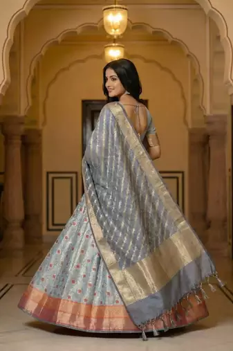 Pure Silk Unstitched Banarasi Lehanga Set in Grey Colour with Blouse