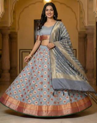 Pure Silk Unstitched Banarasi Lehanga Set in Grey Colour with Blouse 3
