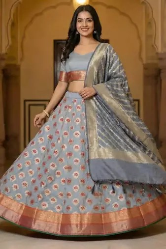 Pure Silk Unstitched Banarasi Lehanga Set in Grey Colour with Blouse