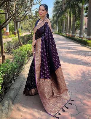 Purple woven self design banarasi katan silk blend banarasi saree with blouse 3