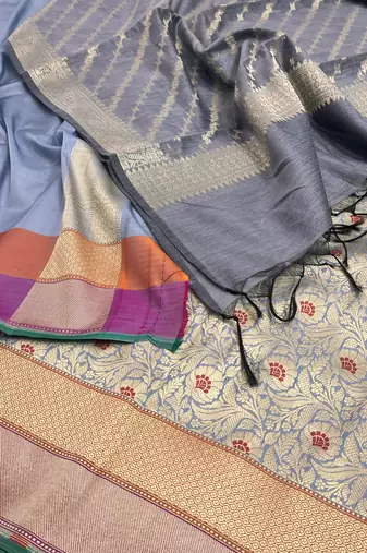 Pure Silk Unstitched Banarasi Lehanga Set in Grey Colour with Blouse
