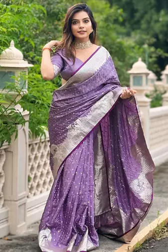 Lavender woven self design antique silk banarasi saree with blouse