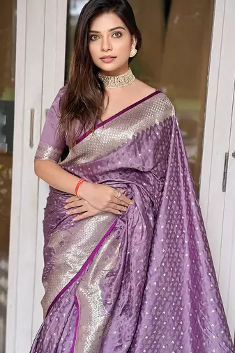 Lavender woven self design antique silk banarasi saree with blouse