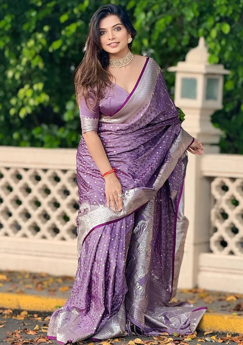 Lavender woven self design antique silk banarasi saree with blouse