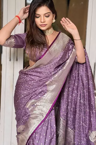 Lavender woven self design antique silk banarasi saree with blouse
