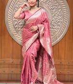 Pink woven self design antique silk banarasi saree with blouse