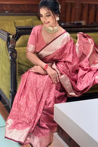 Pink woven self design antique silk banarasi saree with blouse