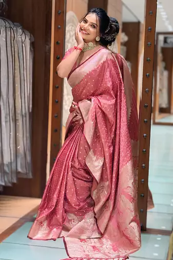 Pink woven self design antique silk banarasi saree with blouse