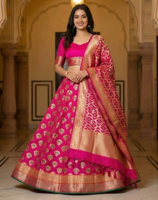 Pure Silk Unstitched Banarasi Lehanga Set in RaniPink Colour with Blouse 1
