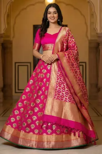 Pure Silk Unstitched Banarasi Lehanga Set in RaniPink Colour with Blouse