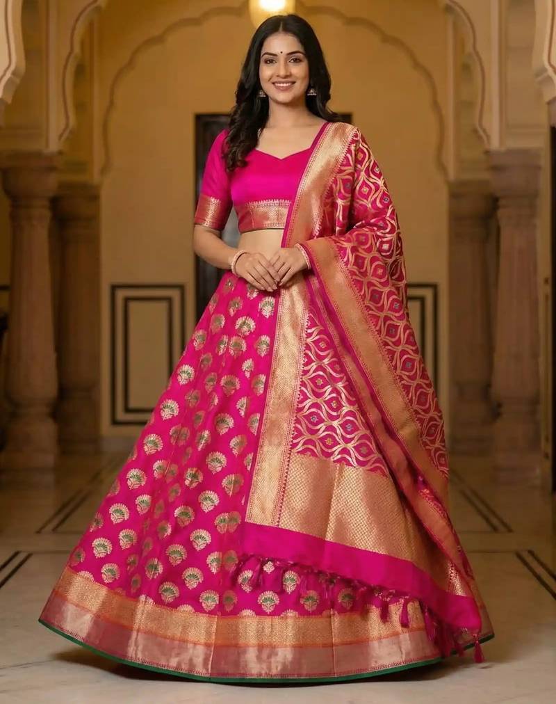Pure Silk Unstitched Banarasi Lehanga Set in RaniPink Colour with Blouse