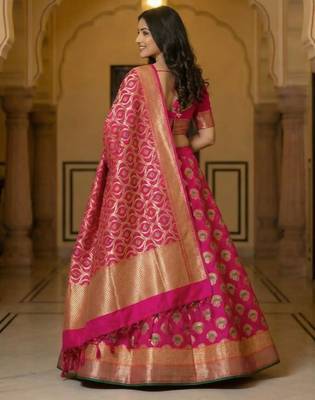 Pure Silk Unstitched Banarasi Lehanga Set in RaniPink Colour with Blouse 2