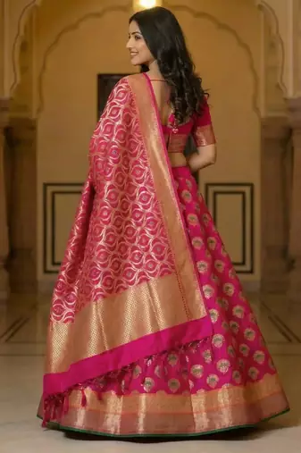 Pure Silk Unstitched Banarasi Lehanga Set in RaniPink Colour with Blouse
