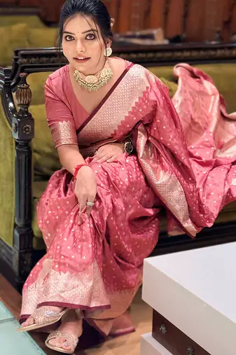Pink woven self design antique silk banarasi saree with blouse