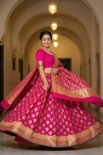 Pure Silk Unstitched Banarasi Lehanga Set in RaniPink Colour with Blouse