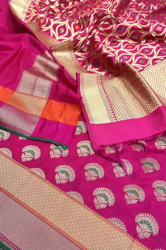 Pure Silk Unstitched Banarasi Lehanga Set in RaniPink Colour with Blouse