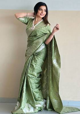 Pista green woven self design antique silk blend banarasi saree with blouse 1