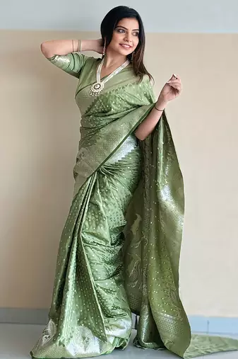 Pista green woven self design antique silk banarasi saree with blouse