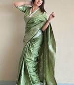 Pista green woven self design antique silk banarasi saree with blouse