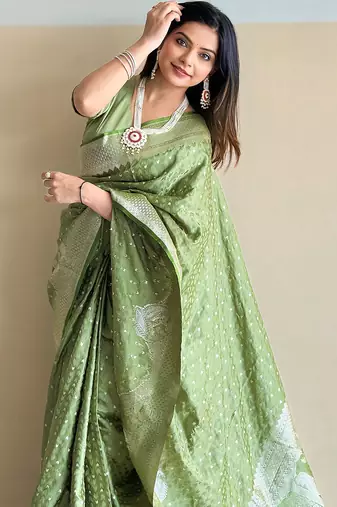 Pista green woven self design antique silk banarasi saree with blouse