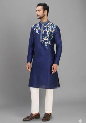 men’s navy silk kurta set with multicolor floral work 1