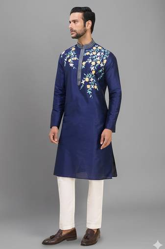 men’s navy silk kurta set with multicolor floral work