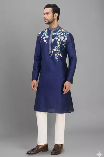 men’s navy silk kurta set with multicolor floral work