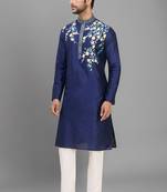 men’s navy silk kurta set with multicolor floral work