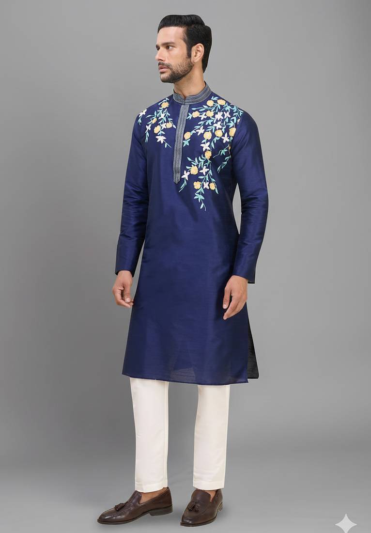 men’s navy silk kurta set with multicolor floral work