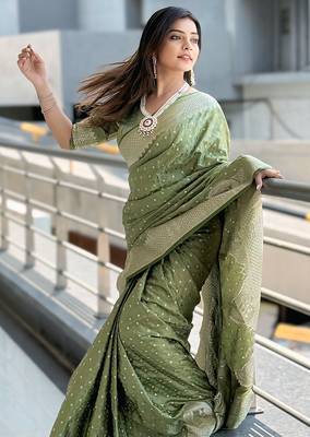 Pista green woven self design antique silk blend banarasi saree with blouse 3