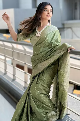 Pista green woven self design antique silk banarasi saree with blouse