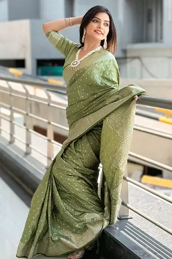 Pista green woven self design antique silk banarasi saree with blouse