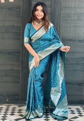 Sky blue woven self design antique silk blend banarasi saree with blouse 1