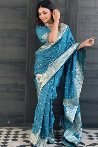Sky blue woven self design antique silk banarasi saree with blouse