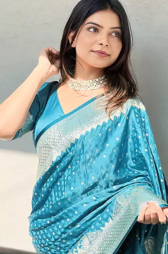 Sky blue woven self design antique silk banarasi saree with blouse