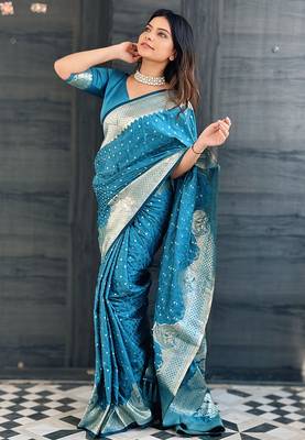 Sky blue woven self design antique silk blend banarasi saree with blouse 4