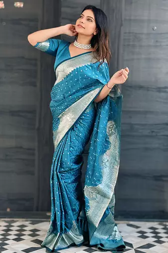 Sky blue woven self design antique silk banarasi saree with blouse