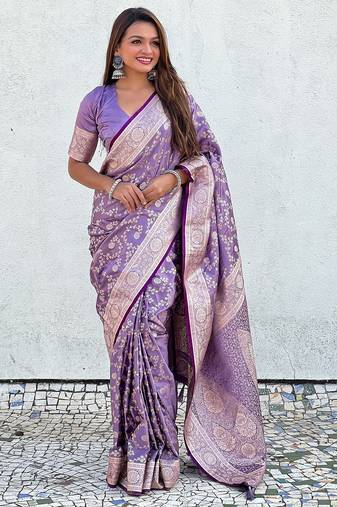 Lavender woven self design antique silk banarasi saree with blouse
