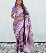 Lavender woven self design antique silk banarasi saree with blouse