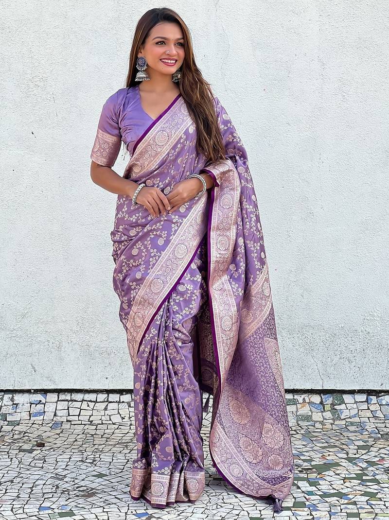 Lavender woven self design antique silk banarasi saree with blouse