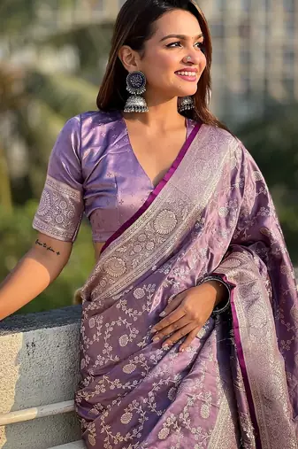 Lavender woven self design antique silk banarasi saree with blouse