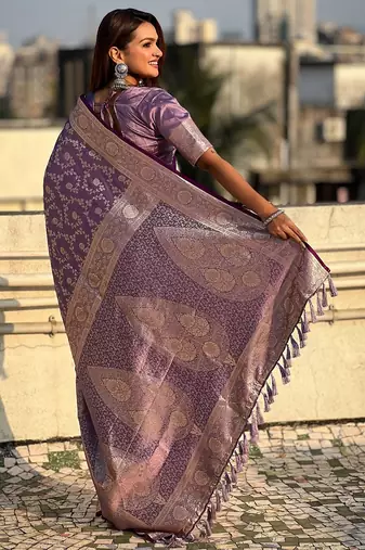 Lavender woven self design antique silk banarasi saree with blouse