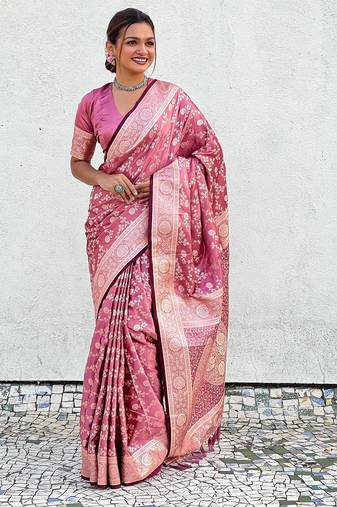 Pink woven self design antique silk banarasi saree with blouse