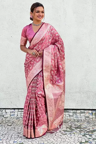 Pink woven self design antique silk banarasi saree with blouse