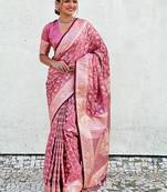 Pink woven self design antique silk banarasi saree with blouse