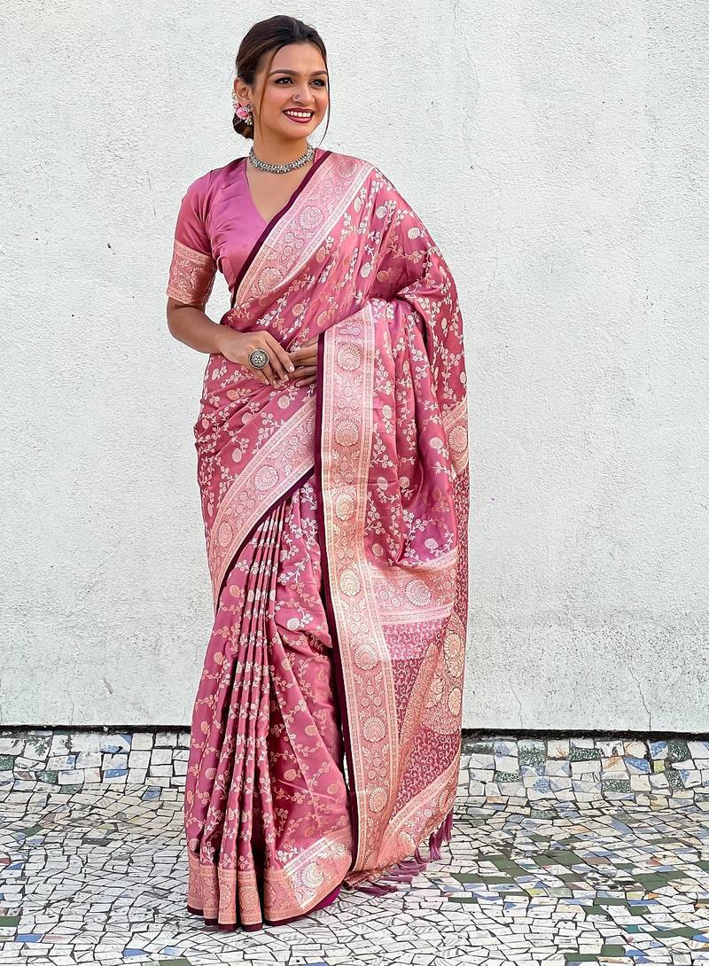 Pink woven self design antique silk banarasi saree with blouse